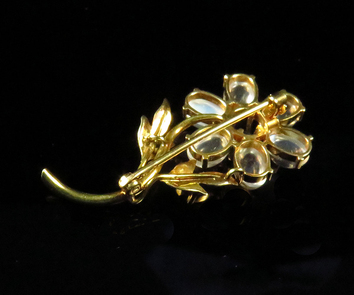 Gold Moonstone & Zircon Flower Brooch