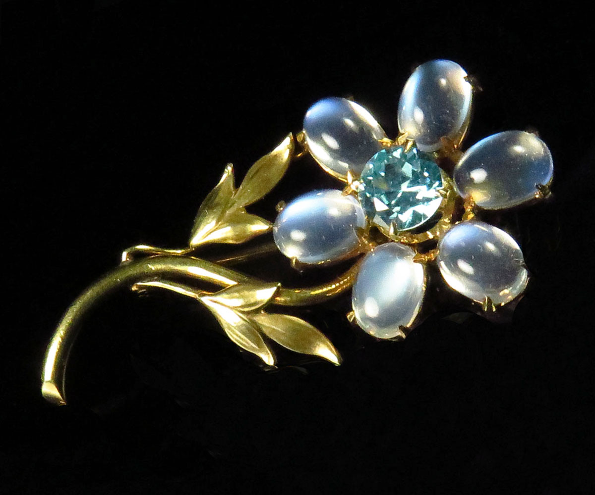 Gold Moonstone & Zircon Flower Brooch