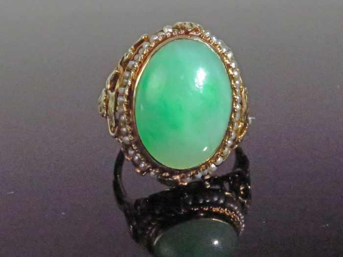 Gold Arts & Crafts Jadeite & Pearl Ring