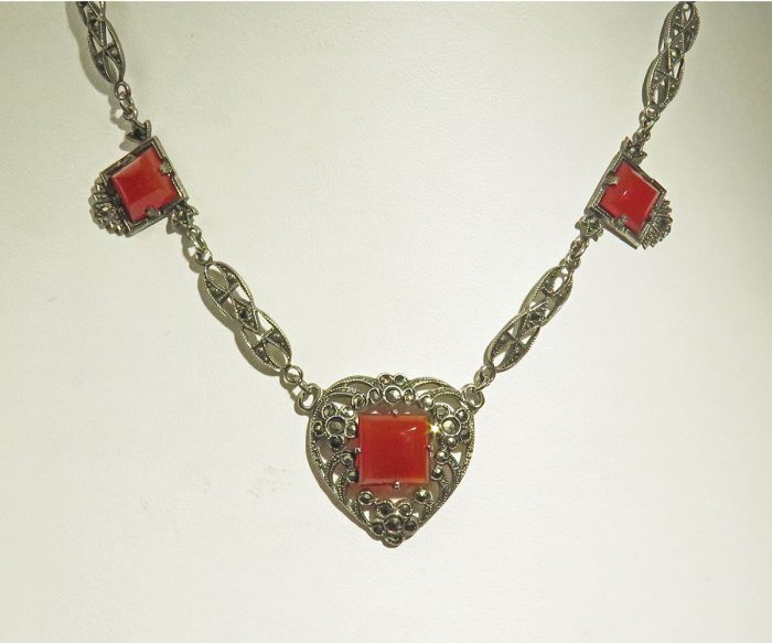 Sterling Marcasite and Carnelian Heart Necklace