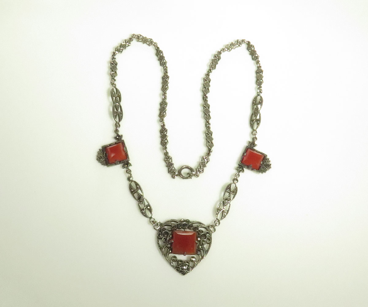 Sterling Marcasite and Carnelian Heart Necklace - Koblenz & Co. Antique ...