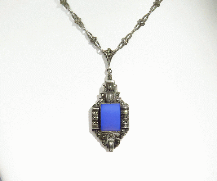 Deco 830 Silver Marcasite and Chalcedony Necklace