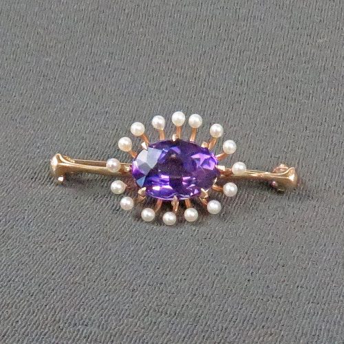 Gold Amethyst and Pearl Brooch