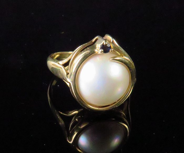 Gold Mabe Pearl Ring with Sapphire