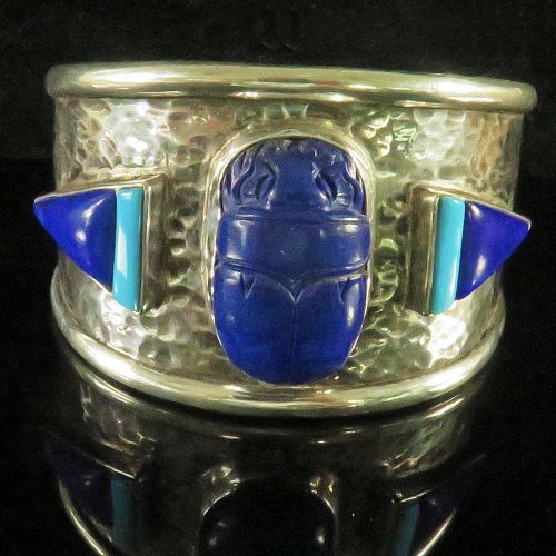 Sterling Custom Cuff With Lapis Scarab and Morenci Turquoise