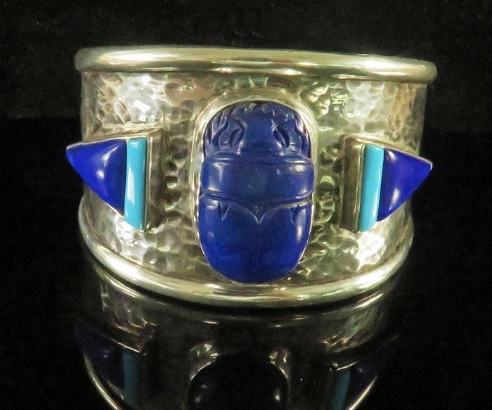 Sterling Custom Cuff With Lapis Scarab and Morenci Turquoise