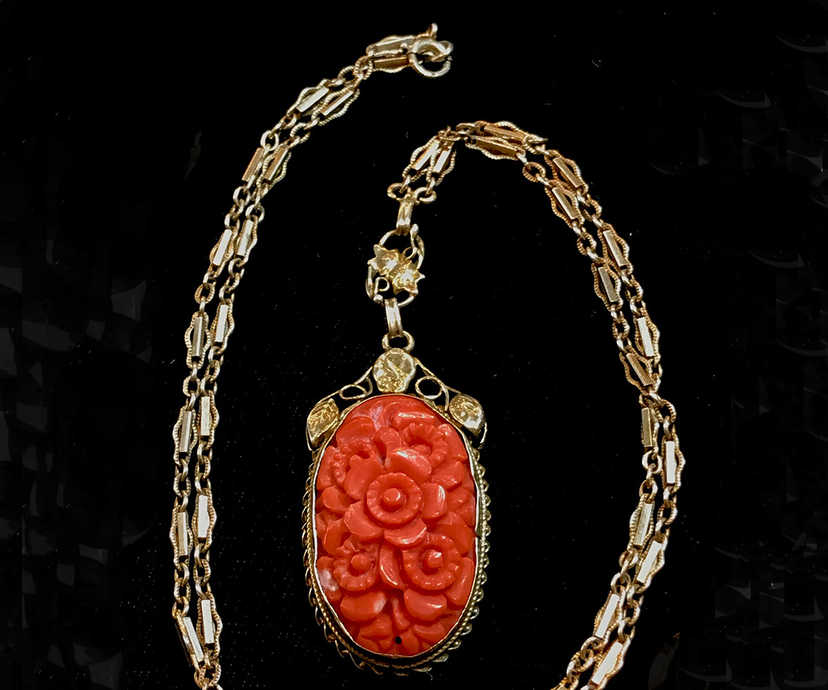 Vintage Carved Coral Pendant Necklace