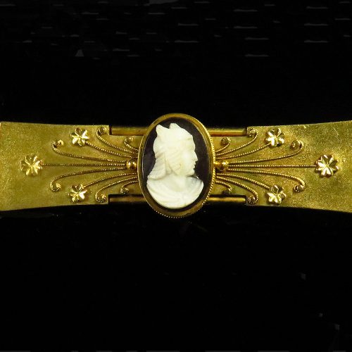 Gold Etruscan Revival Brooch with Stone Cameo