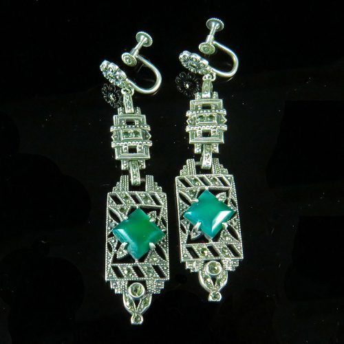 Deco Sterling Marcasite and Green Onyx Earrings