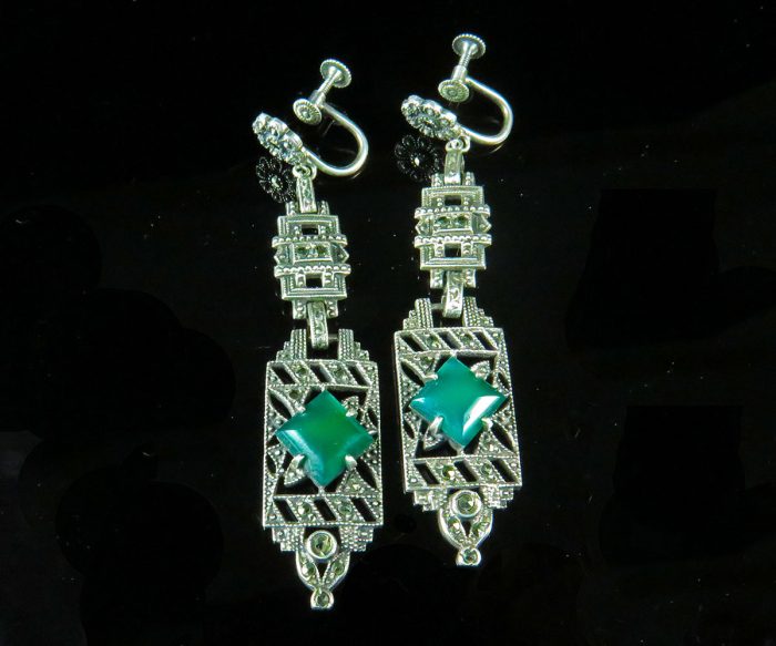 Deco Sterling Marcasite and Green Onyx Earrings