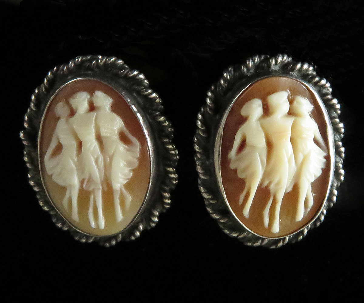 Sterling Shell Cameo Clip On Earrings of the Three Graces - Koblenz & Co.  Antique & Estate Jewelry