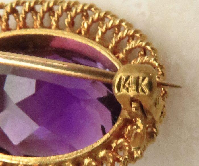 Gold Amethyst Brooch with Twisted Wire Frame