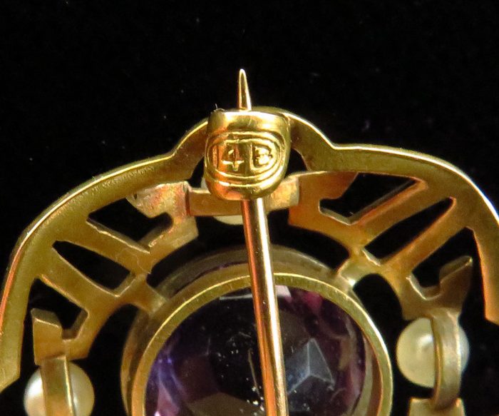 Gold Amethyst and Pearls Brooch by Newark Jeweler