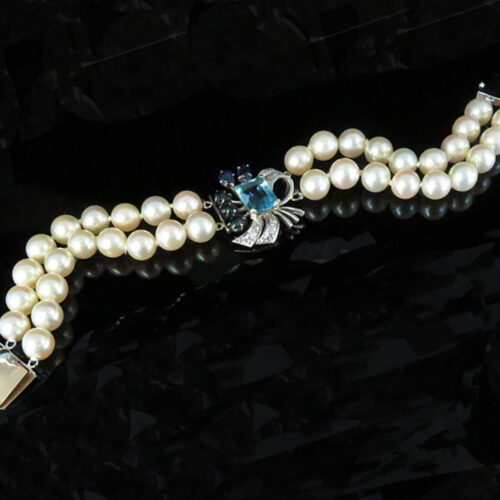 Gold Pearl Bracelet with Aquamarine, Diamonds and Sapphires