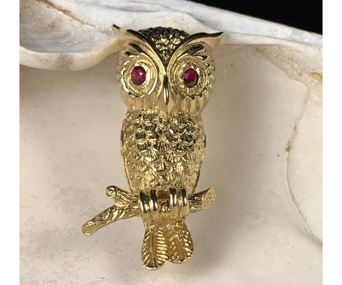 14K Gold Owl Brooch with Ruby Eyes