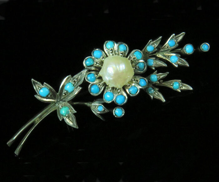 Victorian Sterling Turquoise and Pearl Floral Brooch