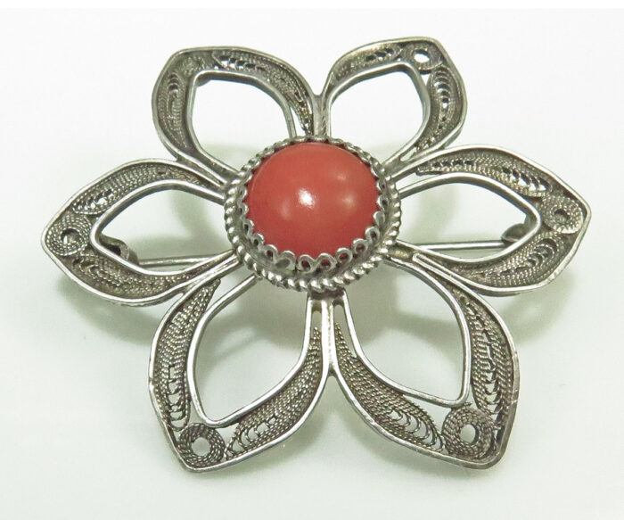Vintage Sterling Italian Flower Filigree Wire Brooch with Coral