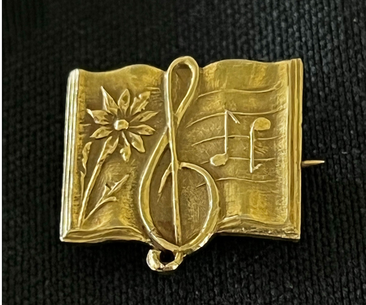 Gold Musical Book Medal Brooch