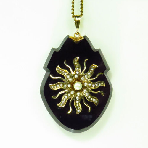 Victorian Gold Onyx and Seed Pearl Starburst Locket