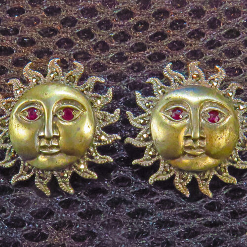 Sterling Sun Face Earrings with Rubies and Marcasites