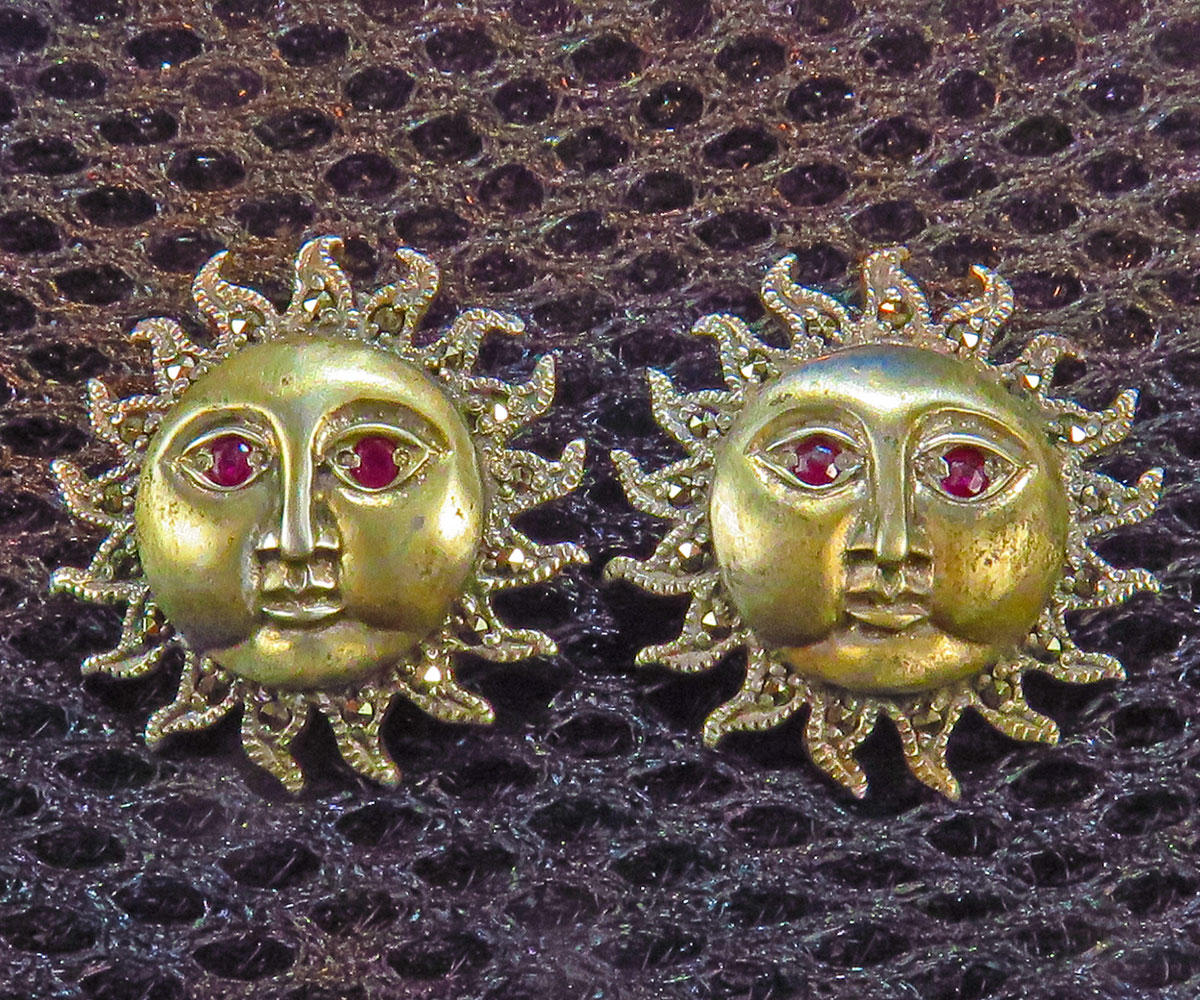 Sterling Sun Face Earrings with Rubies and Marcasites