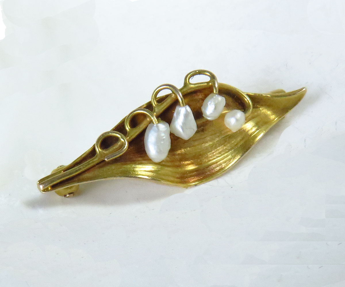 Art Nouveau Gold Brooch with Pearl Lilly of the Valley - Koblenz & Co.  Antique & Estate Jewelry
