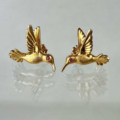 14K Hummingbird Earrings with Ruby Eyes