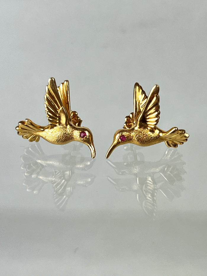 14K Hummingbird Earrings with Ruby Eyes
