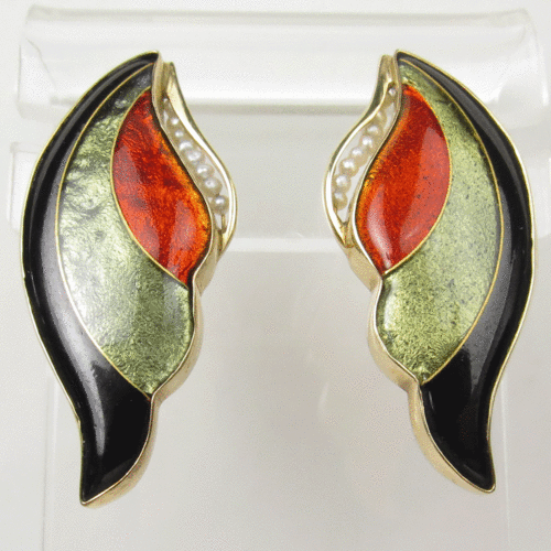 1970's 14K enamel and seed pearl earrings by Bresky