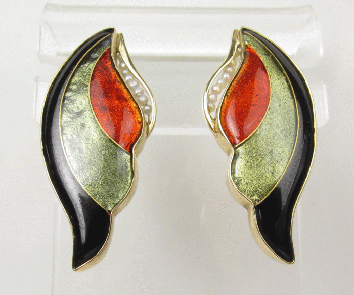 1970's 14K enamel and seed pearl earrings by Bresky