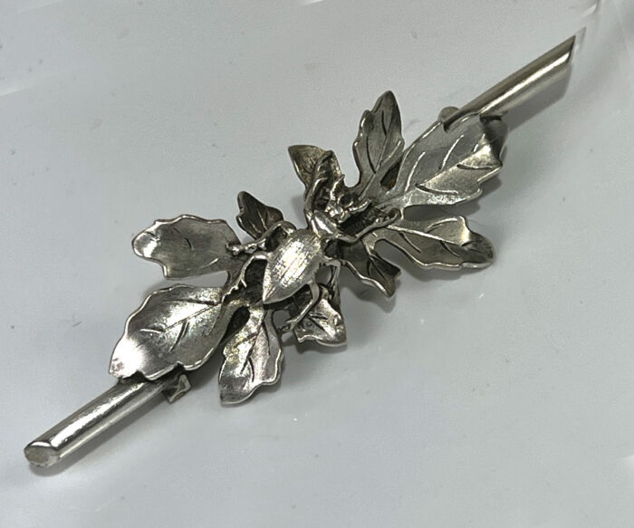 Late Victorian sterling brooch with beetle on a leaf by George Sheibler