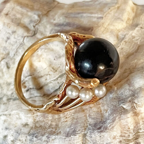 Organic Black Coral and Pearl Ring