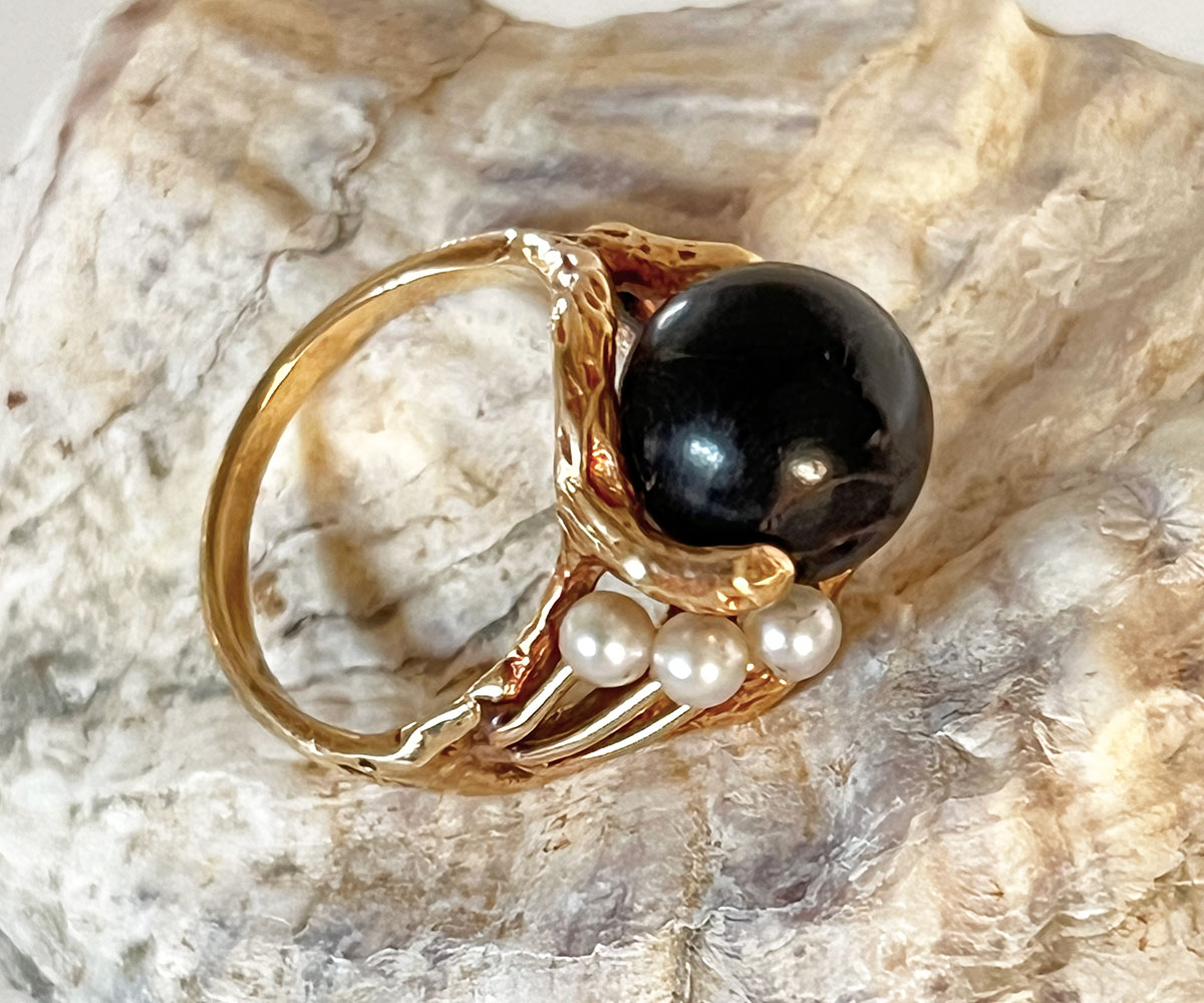 Organic Black Coral and Pearl Ring