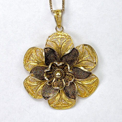 Vintage Italian 800S Filigree Flower Pendant on Chain