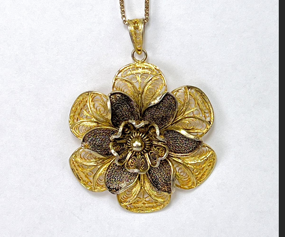 Vintage Italian 800S Filigree Flower Pendant on Chain